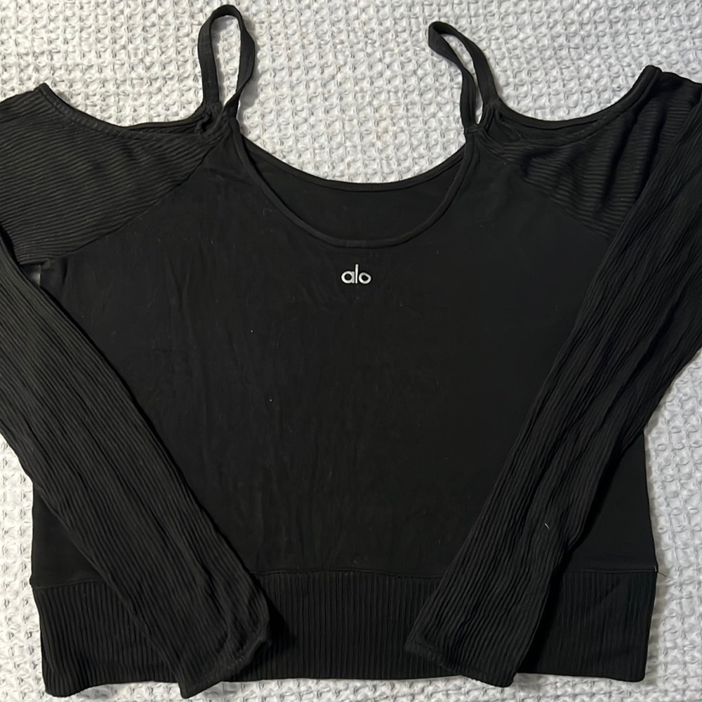 Alo yoga black spaghetti strap off the shoulder crop (hits at waist) top.